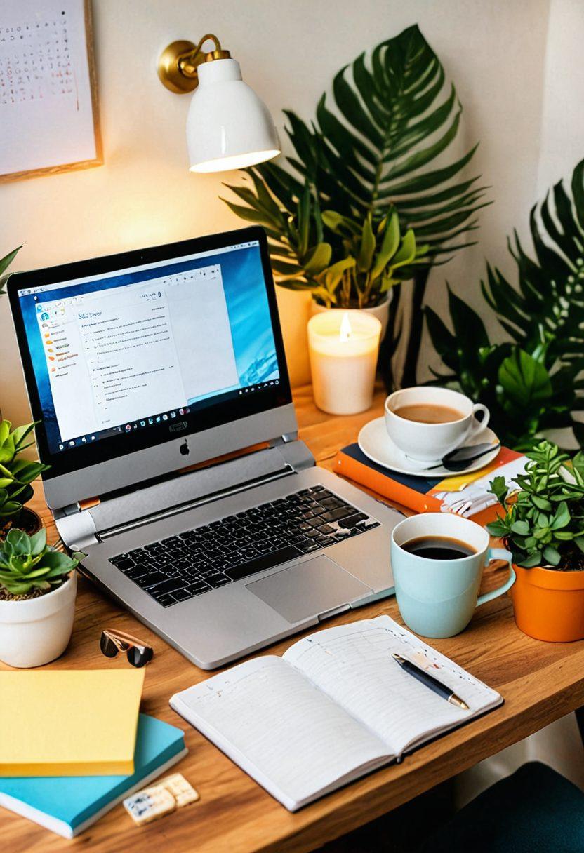 A cozy workspace featuring a modern laptop open with a digital diary on the screen, surrounded by a steaming cup of coffee, a notepad filled with ideas, and motivational quotes on sticky notes. Soft lighting and a plant in the background create an inviting atmosphere, symbolizing creativity and inspiration for adult blogging. A subtle blend of warm and cool colors enhances the inviting feel. super-realistic. vibrant colors. cozy aesthetic.