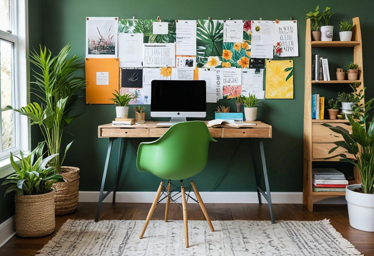A stylishly arranged workspace showcasing a laptop with a vibrant blog layout on the screen, surrounded by design tools like sketchbooks, color palettes, and inspirational images pinned to a corkboard. Include a cozy armchair and plants to evoke a comfortable atmosphere for adult blogging. The scene should convey creativity and professionalism, inviting readers to explore content creation. bright colors. modern design. cozy atmosphere.