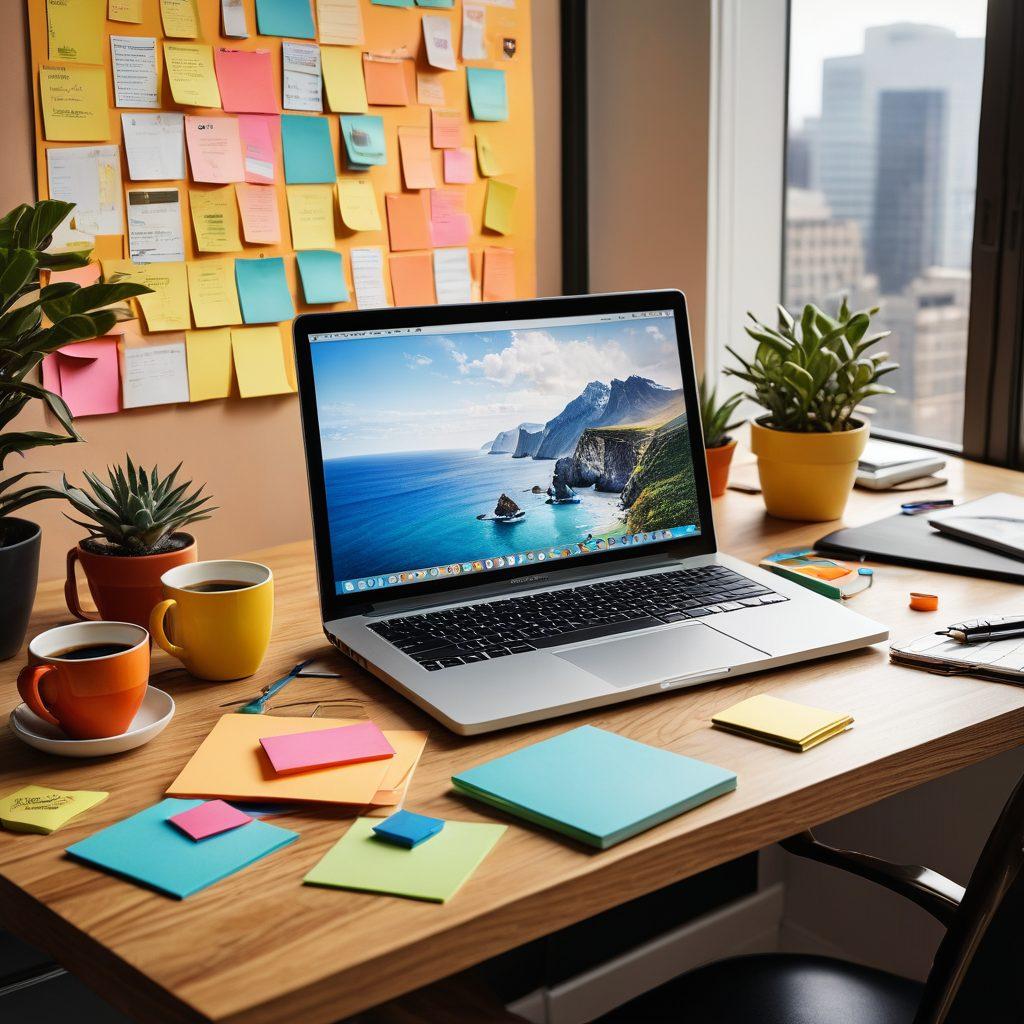 A dynamic and engaging scene of a laptop on a stylish desk surrounded by vibrant notes and coffee cups, depicting a person deep in thought, exploring the world of adult blogging. Include visual elements like graphs and social media icons floating around to emphasize online success. Use a color palette that pops and conveys creativity. super-realistic. vibrant colors. cozy atmosphere.